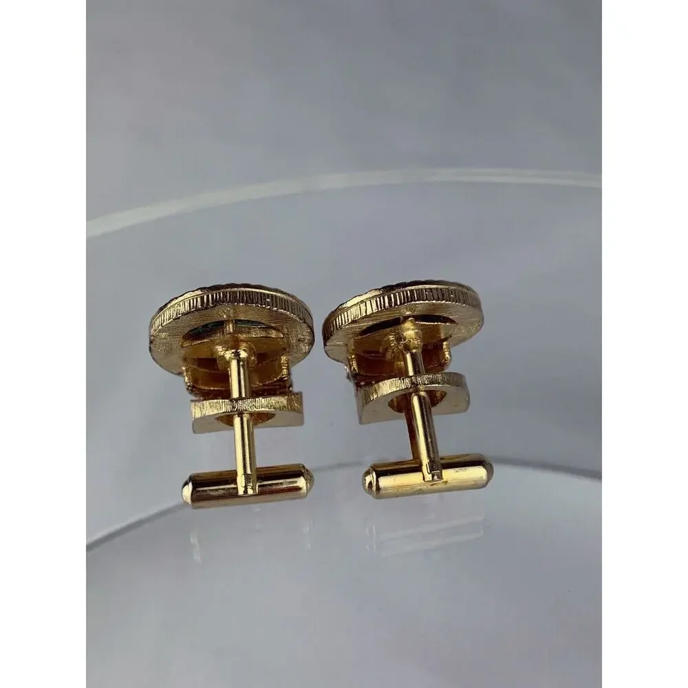 Green Jade Mesh Wrap Gold Tone Cufflinks Quilted Diamond Plate Round Vintage N1